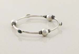 Sterling Silver Green Jasper & Bead Bangle Bracelet 8" inch